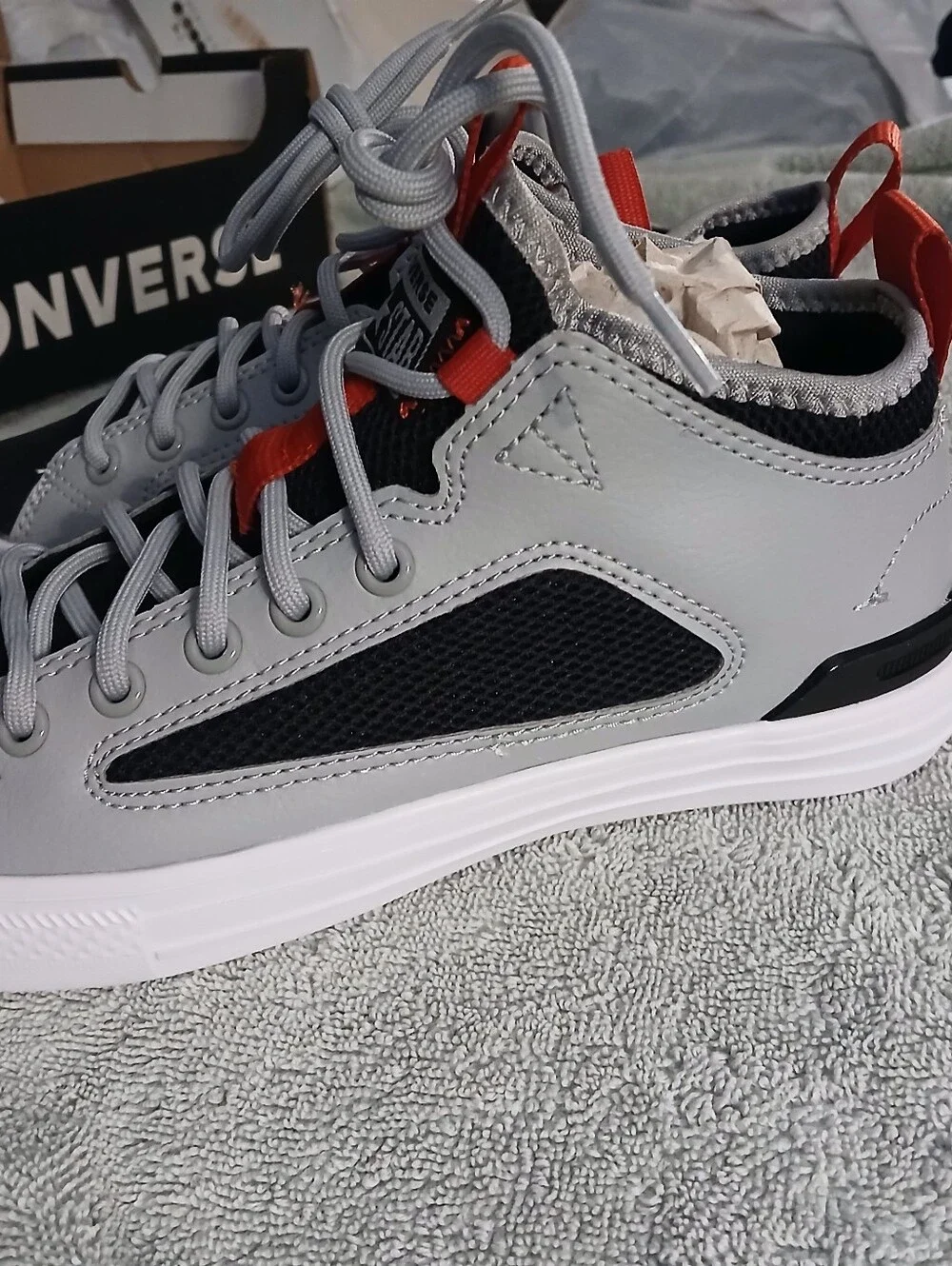 Converse Men’s Black & Gray High-Top Sneakers with Red Pull Tabs - Picture 3 of 5